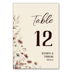 Numéro De Table Rustique Boho Chic Aquarelle Fleur sauvage Mariage