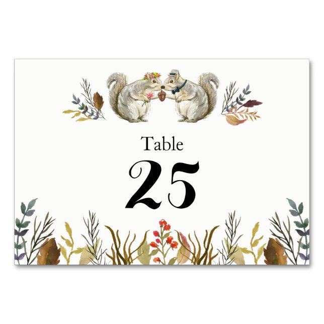 Numéro De Table Rustique Boho Forest Squirrels Mariage d'aquarelle (Devant)