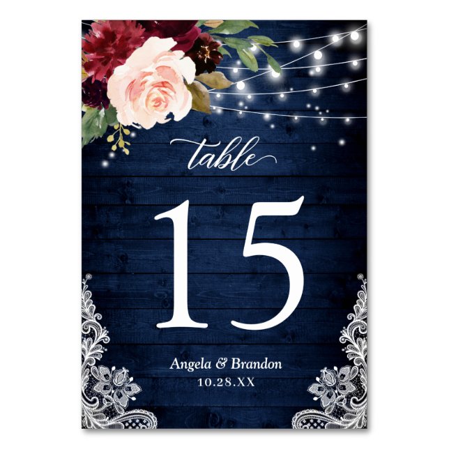 Numéro De Table Rustique Bourgogne Floral Chaîne Lumière Mariage d (Par défaut)