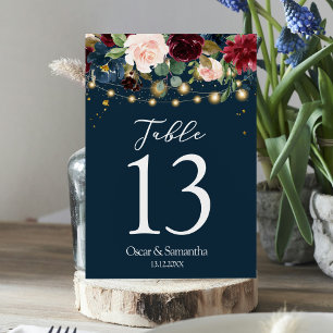 Numéro De Table Rustique Bourgogne Marine Bleu & Rouge Fleurs & Lu