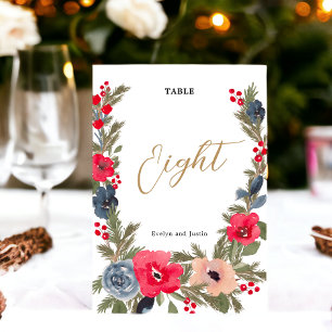 Numéro De Table Rustique Elégant hiver Floral rouge vert