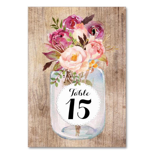 Numéro De Table Rustique Mason Jar Aquarelle Fleurs Mariage de boi (Par défaut)