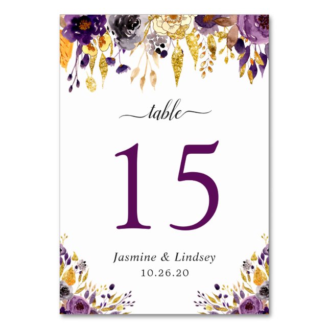 Numéro De Table Rustique violet or Aquarelle Mariage Floral (Par défaut)