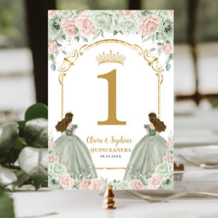 Numéro De Table Sage Green Blush Floral Twins Quinceanera Annivers