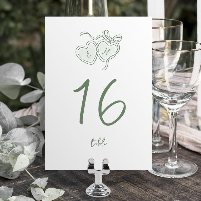 Numéro De Table Sage Hand Drawn Hearts Monogram Whimsical Wedding (Sage Hand Drawn Hearts Monogram Whimsical Wedding Table Number)