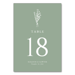 Numéro De Table Sage Vert minimaliste Bouquet Floral Mariage