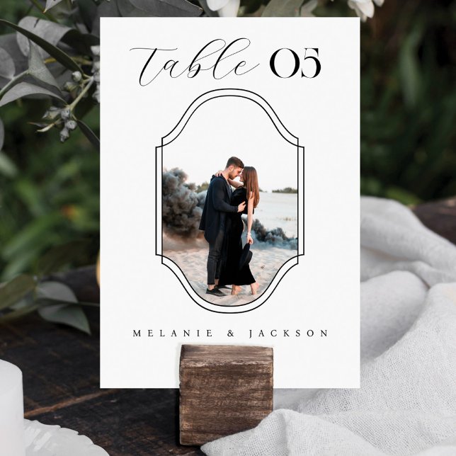 Numéro De Table Script moderne élégant cadre photo mariage blanc (Créateur téléchargé)
