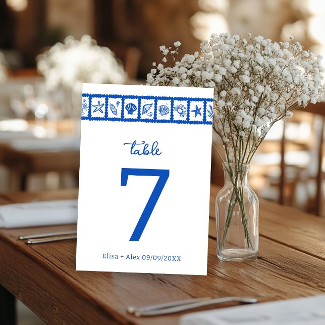 Numéro De Table Seashell Grid Plage Mariage Bleu Blanc CUSTOM (Seashell Grid Beach Wedding Blue White CUSTOM Table Number
)