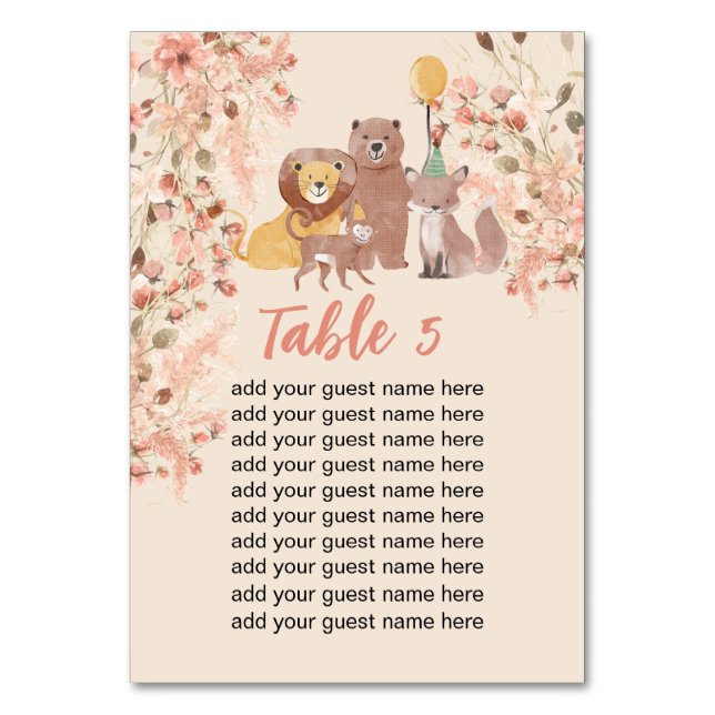Numéro De Table Siège Graphique Boho Safari fête joli renard lion  (Par défaut)