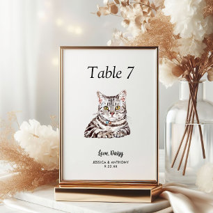 Numéro De Table Simple Aquarelle Moderne Chat Mariage