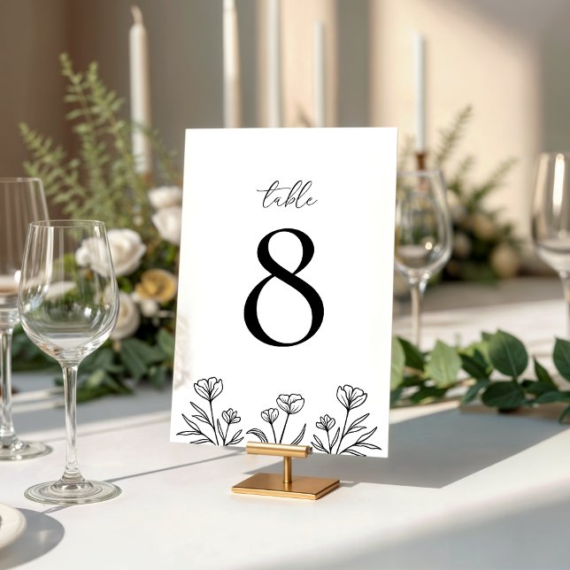 Numéro De Table Simple Mariage Floral noir et blanc (Créateur téléchargé)