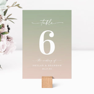 Numéro De Table Simple Ombre Feuille verte et Mariage rose clair