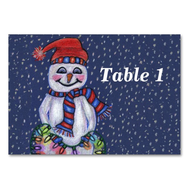 Numéro De Table Snowman souriant tenant une chaîne des lumières de (Devant)