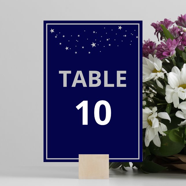 Numéro De Table Société Charity Gala Ball Elégant Silver Blue (Table number in blue with silver stars - part of the Charity Gala Ball Silver Foil Stars Collection.)
