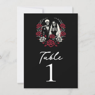 Numéro de table squelette roses blanches rouges et