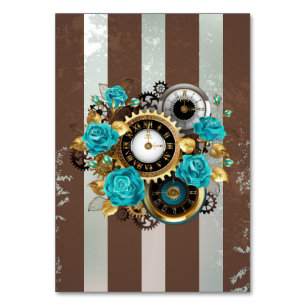Numéro De Table Steampunk Clock and Turquoise Roses on Striped