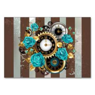 Numéro De Table Steampunk Clock and Turquoise Roses on Striped