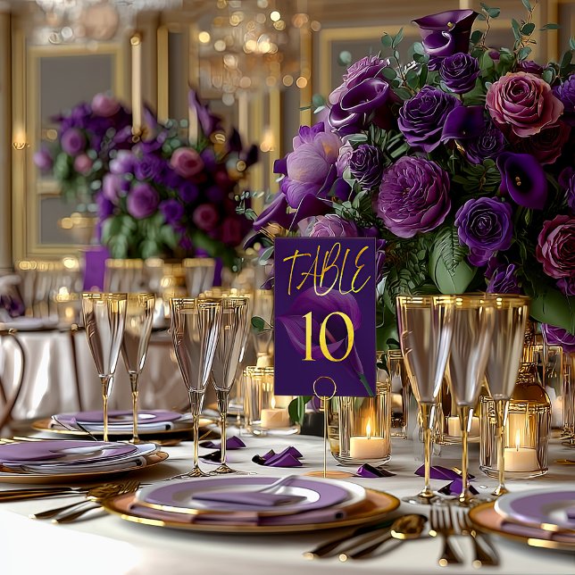 Numéro De Table Stylish Modern Purple Calla Lily Table Number (Striking Purple and Gold Calla Lily Table Number )