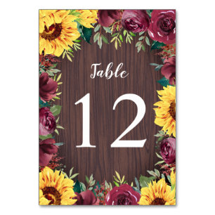 Numéro De Table Sunflower Bourgogne Rose Frontière Mariage bois