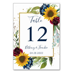 Numéro De Table Sunflower Burgundy Navy Blue Floral