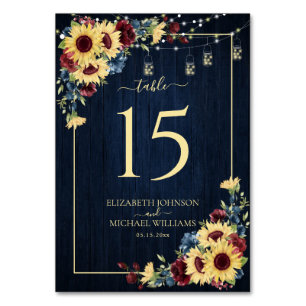 Numéro De Table Sunflower Navy Bleu Bourgogne Bois Mariage Floral