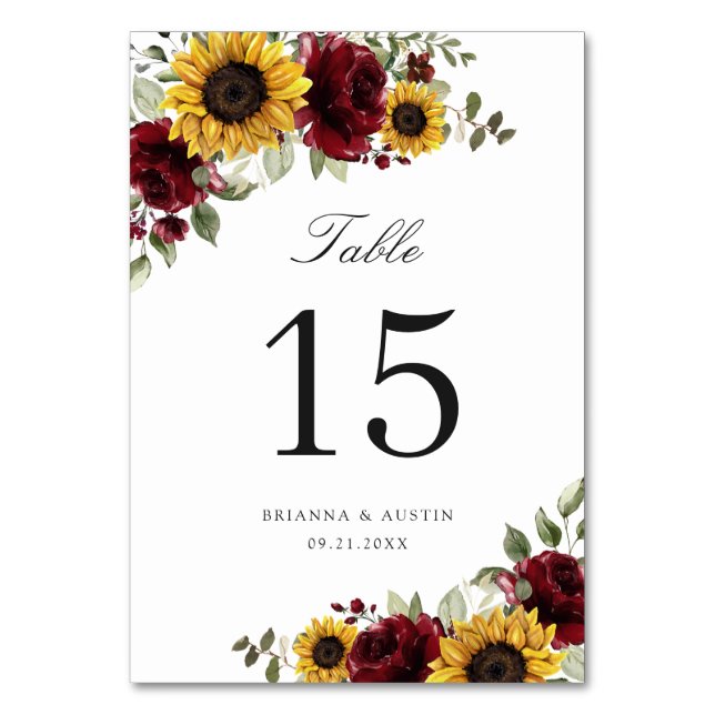 Numéro De Table Sunflowers Bourgogne Floral Rouge Russe Numéro de  (Dos)