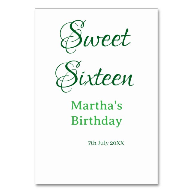 Numéro De Table Sweet Sixteen green name date calligraphy boho ret (Par défaut)