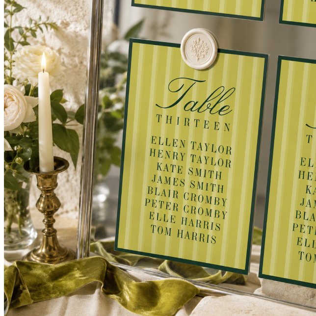 Numéro De Table Tableau de placement de mariage élégant rayé chart (Elegant Chartreuse Striped Wedding Seating Chart Table Number)