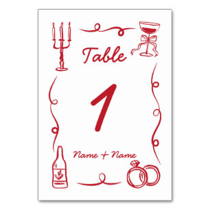 Numéro De Table Tableau mariage main blanche dessinée rouge illust