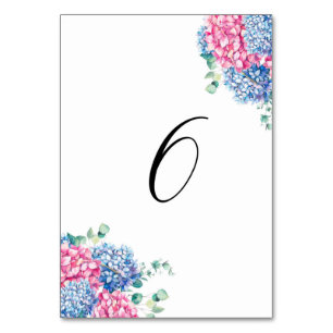 Numéro De Table Tableau rose et bleu 6 d'aquarelle d'hortensias
