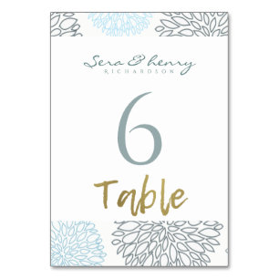NUMÉRO DE TABLE TONS DE BLEU DAHLIA MODÈLE FLORALE TABLE D'OR