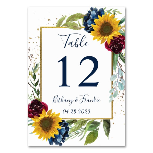 Numéro De Table Tournesol Bordeaux Bleu Marine Floral (Par défaut)