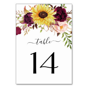 Numéro De Table Tournesol Bourgogne Rouge Blush Peony Mariage Rose