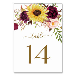 Numéro De Table Tournesol Bourgogne Rouge Blush Peony Mariage Rose