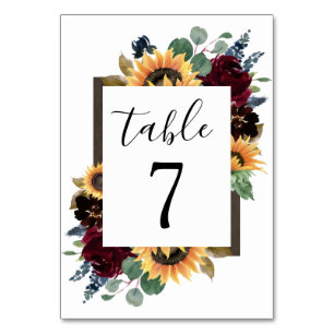 Numéro De Table Tournesol et Rose Bourgogne Rouge Mariage bleu de