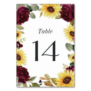 Numéro De Table Tournesol et Rose Bourgogne Rouge Rustique Mariage