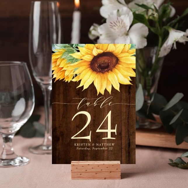 Numéro De Table Tournesol Rustique Mariage d'aquarelle en bois (Rustic wood sunflower watercolor design table number card is perfect for your wedding reception.)