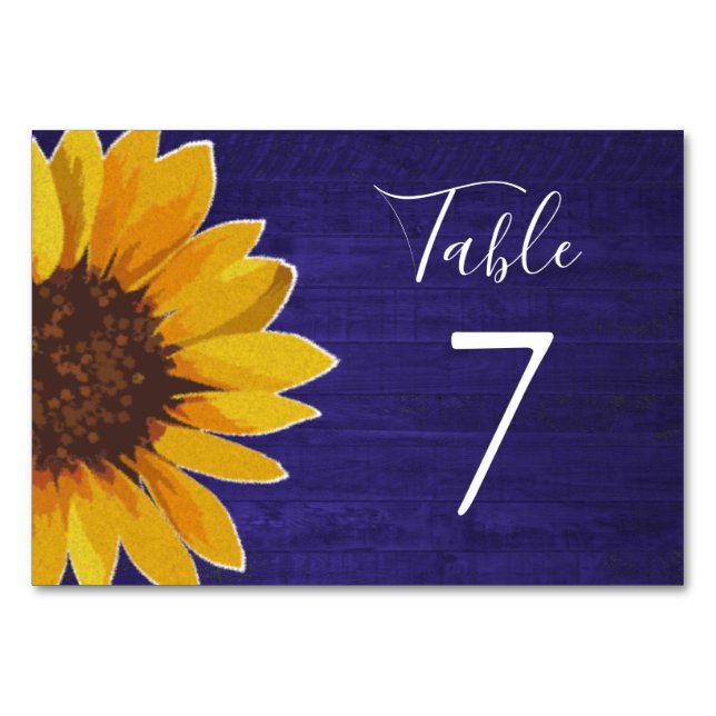 Numéro De Table Tournesol sur Bois Rustique Bleu Nuit de Mariage (Devant)