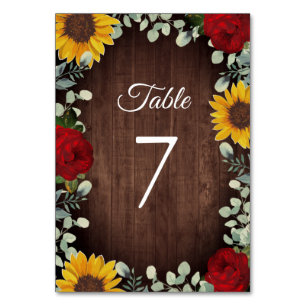 Numéro De Table Tournesols Eucalyptus Roses rouges Mariage en bois