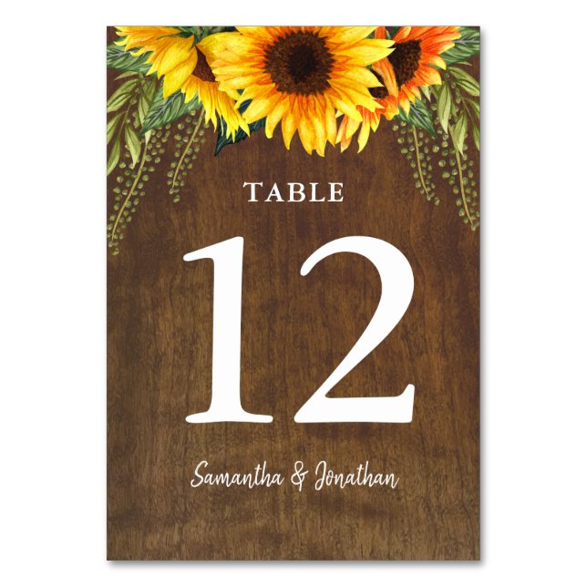 Numéro De Table Tournesols rustiques | Mariage aquarelle (Par défaut)