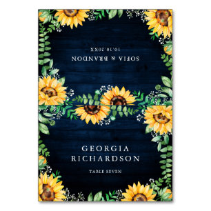 Numéro De Table Tournesols rustiques Mariage bleu marine