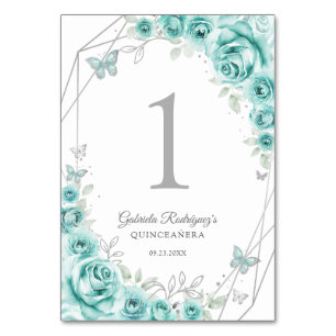Numéro De Table Turquoise Argent Floral Quinceanera