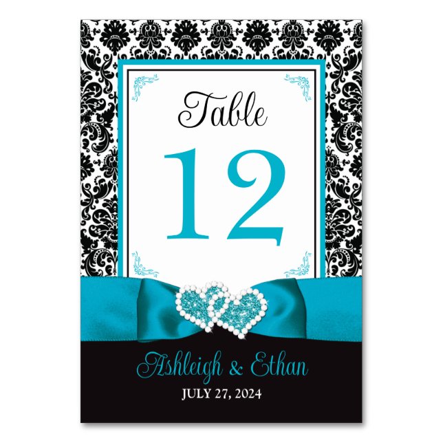 Numéro De Table Turquoise, Black Love Hearts Mariage Numéro de tab (Par défaut)