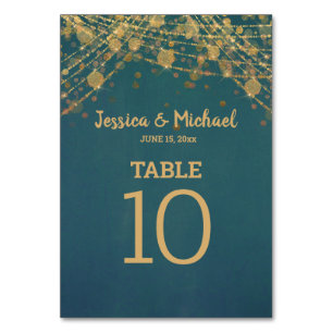 Numéro De Table Turquoise Gold String éclaire Bokeh Mariage