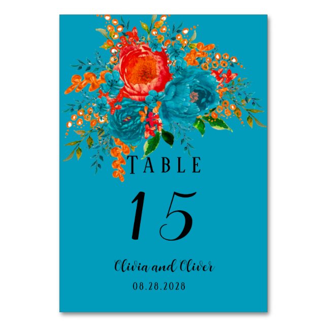 Numéro De Table Turquoise rouge orange Mariage botanique (Par défaut)
