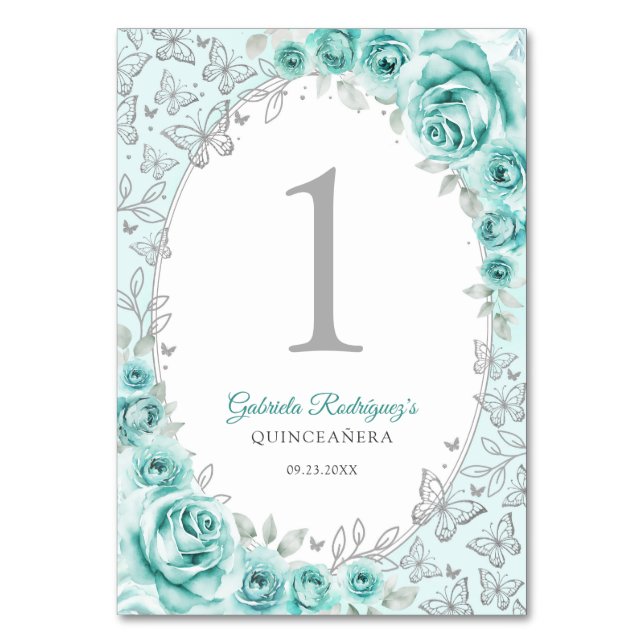 Numéro De Table Turquoise Silver Floral Quinceanera (Par défaut)