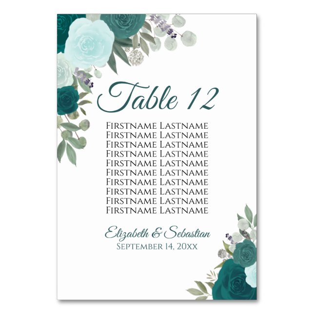 Numéro De Table Turquoise Turquoise Roses Élégant tableau de maria (Par défaut)