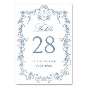 Numéro De Table Victorien Ornate Grace Floral Dusty Mariage bleu
