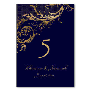 Numéro De Table Vintage Blue Gold Floral Damask Script Mariage