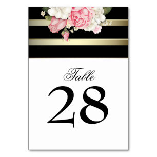 Numéro De Table Vintage Floral Gold Black White Stripes Mariage